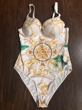 White Printed One-Piece Swimsuit with Gold Chain Motif L